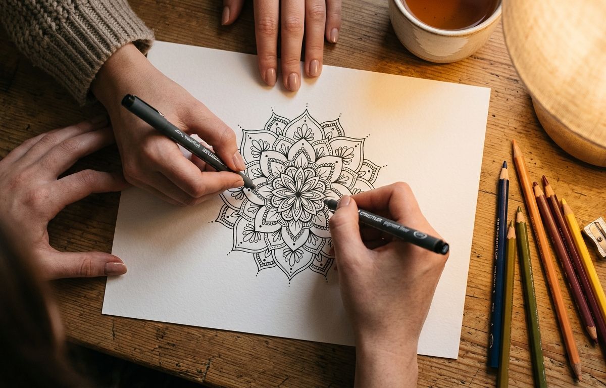 Tangan menggambar pola mandala sederhana dengan pena di atas kertas, tampak atas