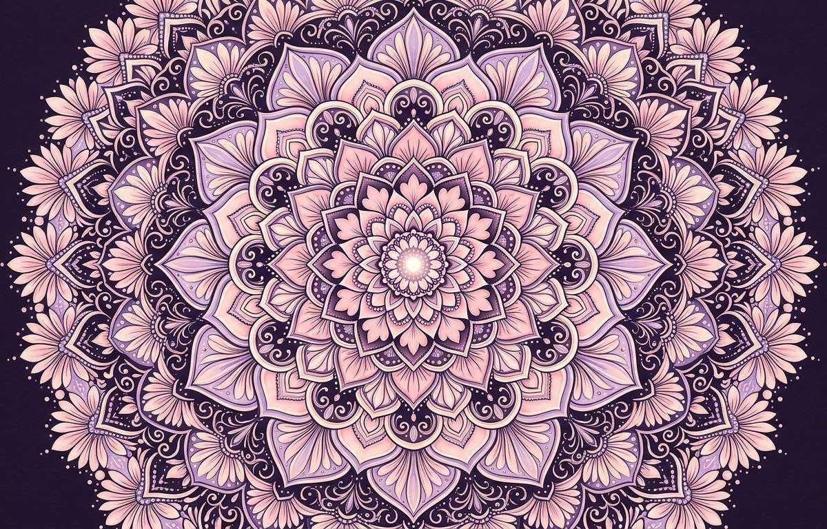 Pola mandala simetris dengan lingkaran konsentris berwarna lembut di atas latar gelap