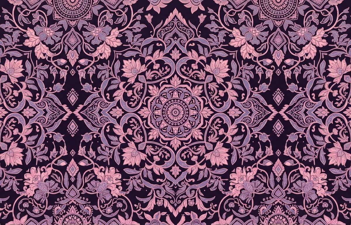 Ilustrasi pola simetris ala batik dengan garis cermin yang teratur di latar gelap keunguan