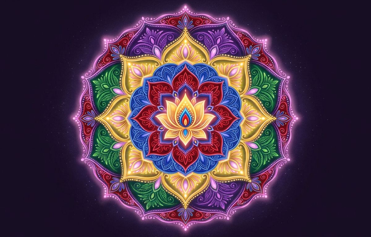 Mandala berwarna-warni dengan susunan warna teratur dari pusat ke tepi di latar gelap